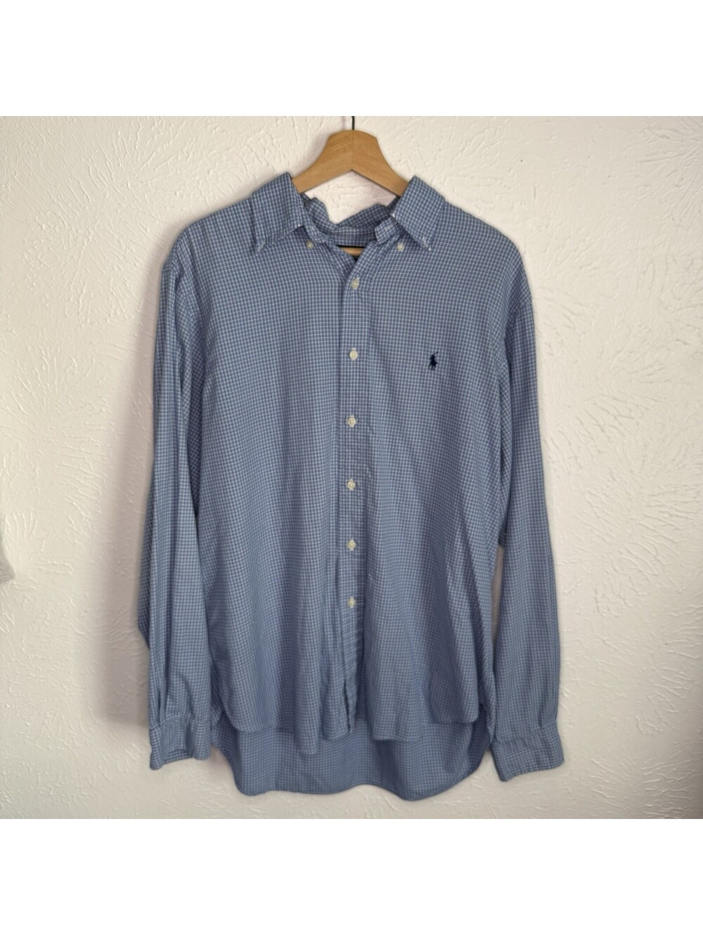 Vintage 90s Ralph Lauren Hound-tooth Classic Cotton Blue Long Sleeve Shirt